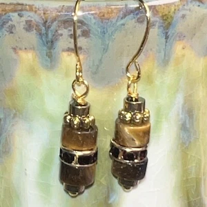 Gold Tone Natural Stone Beads w/ Black Rhinestones Stacked Dangle Earrings. S798 - Picture 1 of 4