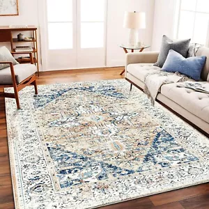 CHAMPLANT 4x6 Vorleger Indoor Antirutschmatte Waschbar Taupe & Blau Boho Used - Bild 1 von 3