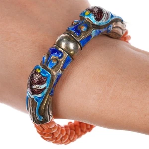 Antique Chinese Republic period silver enamel coral beads dragon bangle bracelet - Picture 1 of 8