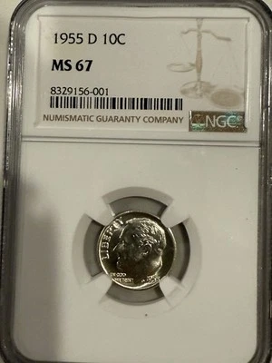Moneda de diez centavos de plata Roosevelt 1955 D NGC MS67 Foto 1 de 2