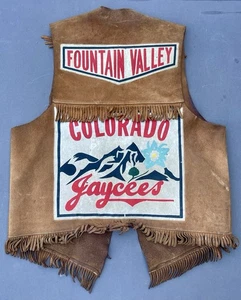 Vintage 1970’s Fountain Valley Jaycees Western Buck Skin Fringe Patch Vest - Picture 1 of 15