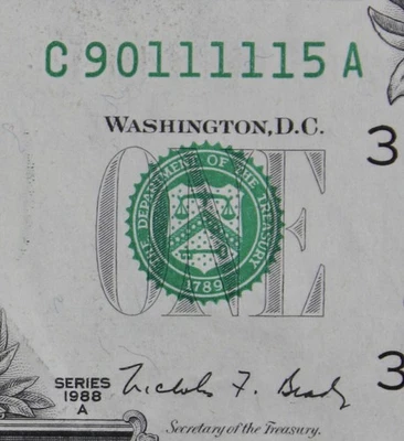 FANCY Five Aces Serial Number $1 1988A GEM FRN C90111115A one $, Philadelphia C3 - Image 1 of 3