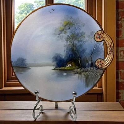 Vintage Noritake Cake Plate: Hand-Painted Cottage & Swan, Art Deco Gilt Handle - Image 1 of 4