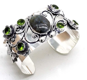 925 Sterling Silver Labradorite & Peridot Gemstone Jewelry Cuff Bracelet S-ADJ - Picture 1 of 7