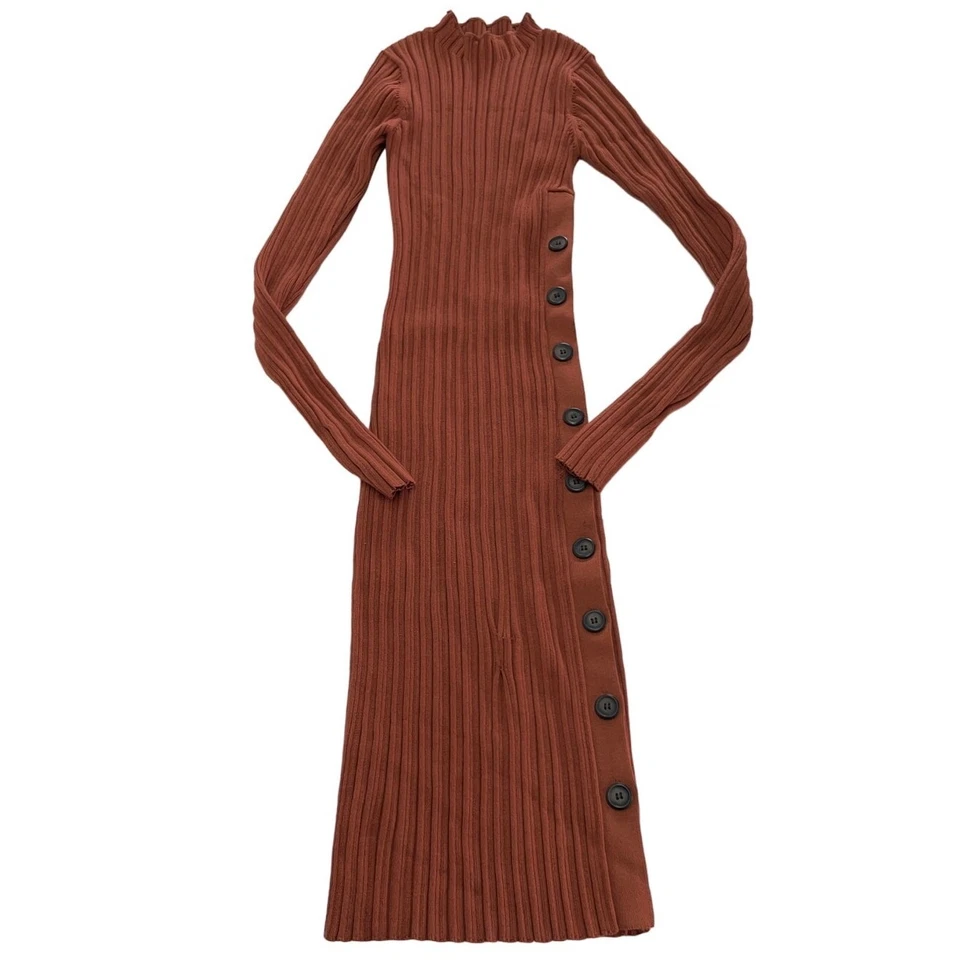 Vestido Adam Lippes Mujer Mediano Naranja Botón Lateral Midi Suéter Tejido Acanalado Foto 1 de 4