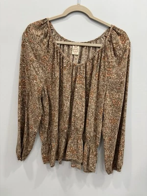 Blusa Campesina Boho Floral Desteñida Gloria XL Marrón Naranja Dobladillo Calado Rayón Top Foto 1 de 4