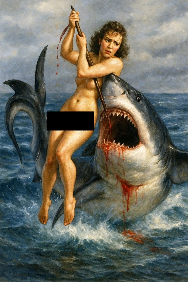 Impresión fotográfica Marinero Jerry chica desnuda luchando contra un tiburón 13 x 19" Foto 1 de 1
