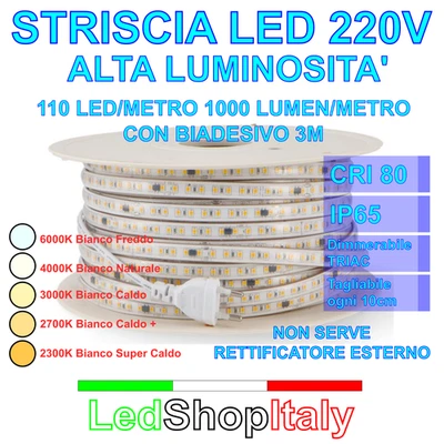 Striscia LED Bianca 220V 12W/m alta luminosità dimmerabile biadesiva taglio 10cm - Immagine 1 di 4
