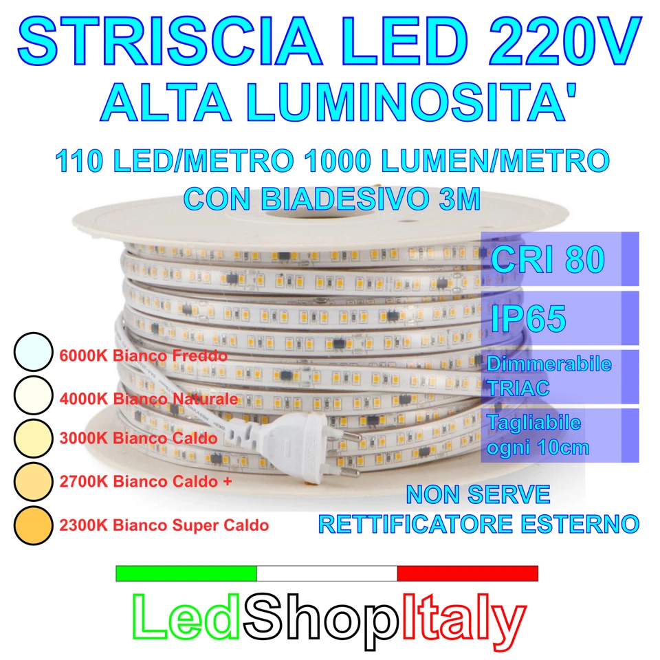 Striscia LED Bianca 220V 12W/m alta luminosità dimmerabile biadesiva taglio 10cm - Immagine 1 di 4