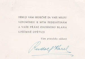 RUDOLF KAREL Komponist, Dvorak Schüler, Holocaust Opfer signierte Dankeskarte 1940 - Bild 1 von 2