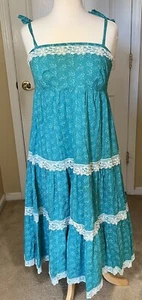 Vtg Lanz Originals Maxi Dress Floral Green & Lace Sleeveless 11/12 Shawl Boho - Picture 1 of 20