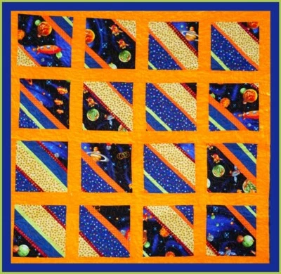 Handmade PLANET PLAY Space Quilt, Crib Size, Orange/Blue/Yellow, Rockets/Planets - Image 1 of 4