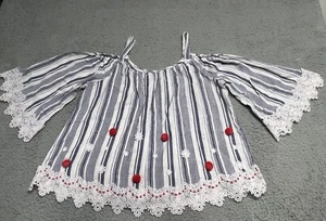 Top CORONA & EDERA DONNA blu medio a righe floreale EMBROID CONTADINO spalle fredde - Foto 1 di 18