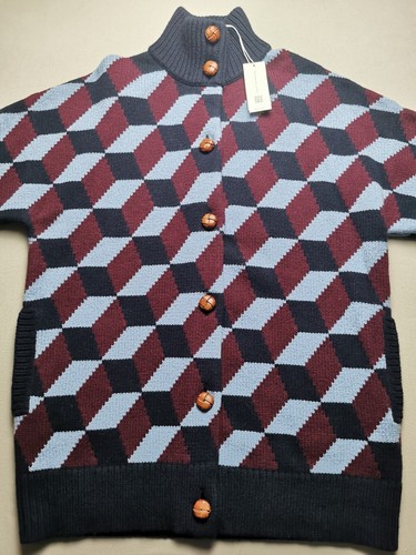 Cappotto maglione TORY BURCH donna taglia M 100% lana chevron (BNWT) con bottoni davanti