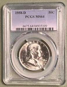 1958-D PCGS MS64 Full Bell Lines Franklin Half Dollar White Silver - Picture 1 of 5