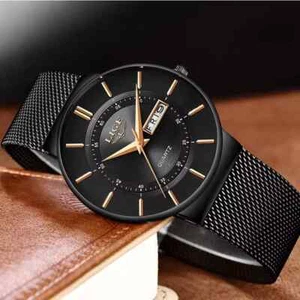 Herren Armbanduhr Mesh mit Datum dünn schlank stylische Sportuhr schwarz - Bild 1 von 11