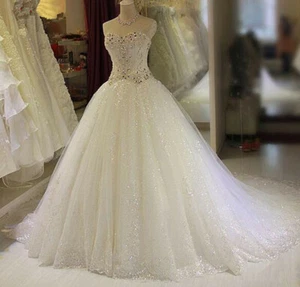Shiny Crystals Lace Wedding Dress White/Ivory Corset Cathedral Train Bridal Gown - Picture 1 of 3