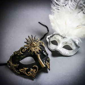 Black Gold Greek & Silver MardiGras Eye Mask w/ Top White Feather Couple Masks - Picture 1 of 1