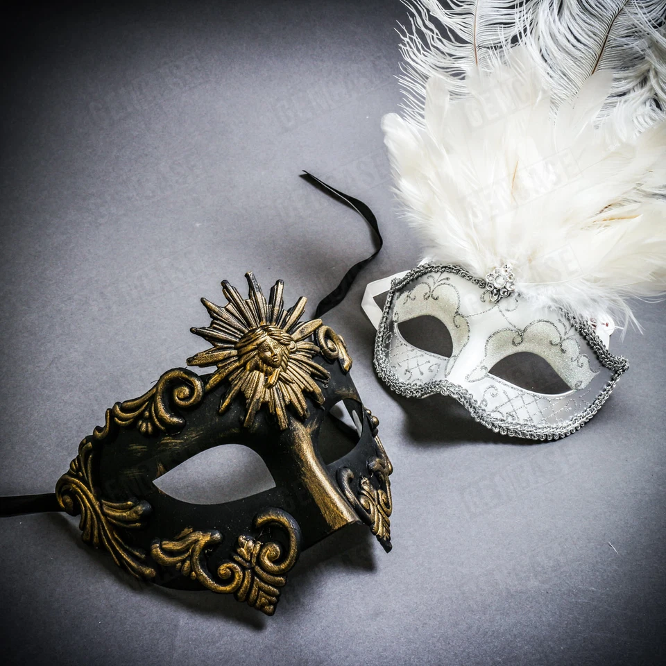 Black Gold Greek  & Silver MardiGras Eye Mask w/ Top White Feather Couple Masks - Image 1 of 1