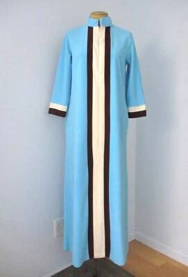 Винтажный 60-х 70-х Vanity Fair синий коричневый полоски бархата молнии халат пальто карманы 10 - Изображение 1 из 4