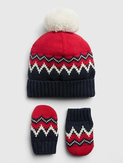 Baby Gap Red Navy Fair Isle Beanie Hat & Mitten Set 0-6 Months $25 NWT - Image 1 of 1