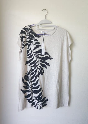 Chico’s Black Leaf 印花亚麻帽袖束腰上衣波西米亚海滩热带尺寸 L — 第 1/4 张图片
