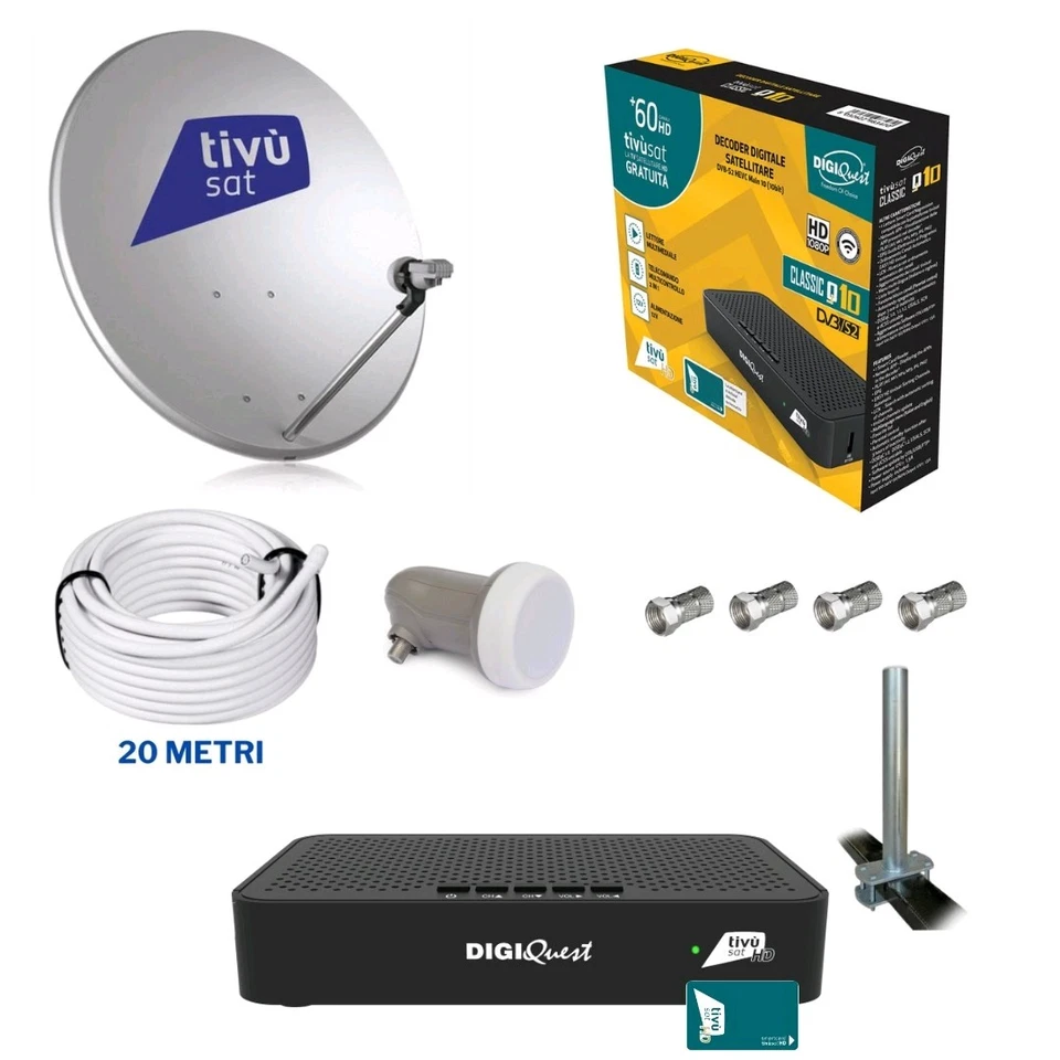  KIT DECODER HD TIVUSAT + PARABOLA 45CM + LNB + SUPPORTO + 20MT DI CAVO + 4 CON. - Immagine 1 di 1