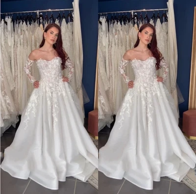 Satin Wedding Dresses Detachable Sleeve Sweep Train Lace Applique Bridal Gowns - Image 1 of 3