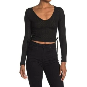 Good Luck Gem Women's Side Tie Long Sleeve Ribbed Crop Top In Black Small - Picture 1 of 4