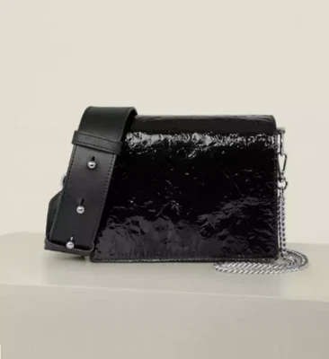 ALLSAINTS Zep Distressed Patent Leather Crossbody Bag with Chain Strap- Black - Image 1 of 4