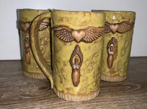3 Studio Pottery Cups Tumblers Handmade Stonewear Brown Green Wings Angel SIGNED - Picture 1 of 9