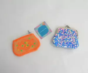 Borsa per monete a scatto blu paillettes ghiaccio e perline arancioni nuova con etichetta - Foto 1 di 4