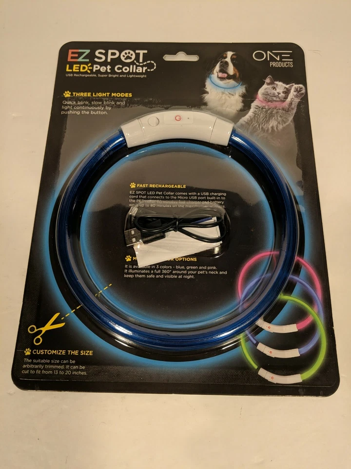 EZ Spot LED Pet Collar By One Products Blue Customize The Size Rechargeable W5 - Image 1 of 4