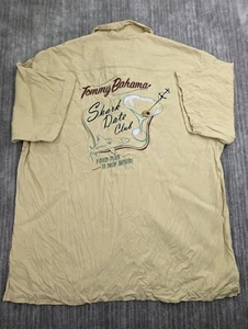 Tommy Bahama Hawaiian Camp Shirt Large Silk Embroidered SHARK DATE CLUB Khaki - Picture 1 of 9
