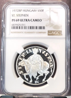 1972 HUNGARY SILVER 50 FORINT SAINT STEPHEN NGC PF 69 ULTRA CAMEO RARE TOP POP - Image 1 of 3