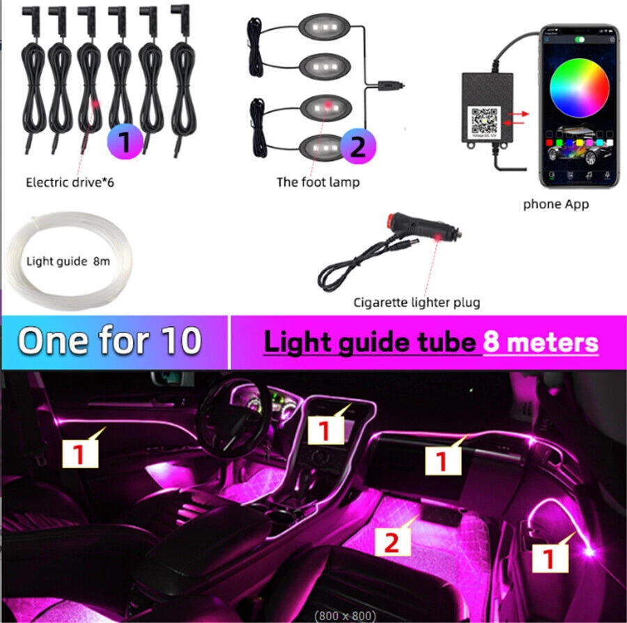 Luz ambiental interior coche LED RGB 10 en 1 tira de fibra óptica aplicación control de música Foto 1 de 4
