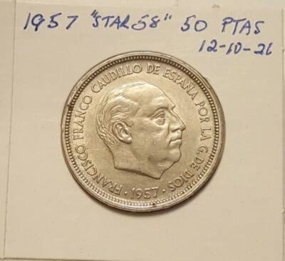 1957 Spanish 50 PTAS, star 58 coin with UNA GRANDE LIBRE on The Edge*Actual Coin - Image 1 of 4