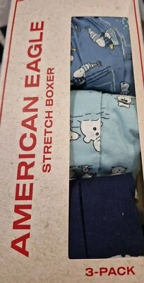 Novo! AMERICAN EAGLE SNOOPY PEANUTS 3 PARES BOXERS ELÁSTICOS XS (26-28) POPELINE AE - Imagem 1 de 4