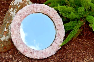 24" Rose Quartz Stones Wall Mirror - Handcrafted Gemstone Mirror Home Decor - Picture 1 of 3