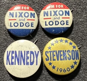 1960 4 PINBACKS DE CAMPAÑA PRESIDENCIAL (2) NIXON/LODGE - KENNEDY - STEVENSON USADO - Imagen 1 de 2
