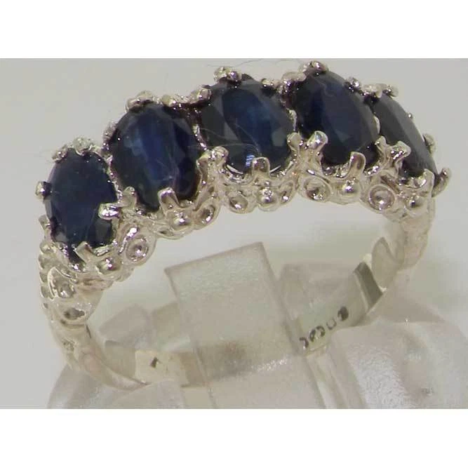 Victorian Design Solid English 14K White Gold Natural Sapphire Band Ring - Image 1 of 1