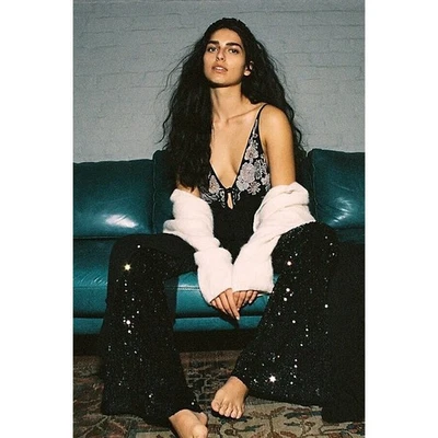 Pantalones acampanados Free People con lentejuelas negros disco glamour festival boho talla L Foto 1 de 4