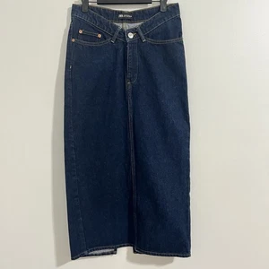 Zara Denim Midi Skirt Size XS Blue Indigo V Rise Dark Wash Y2K Boho Grunge Jean - Picture 1 of 5