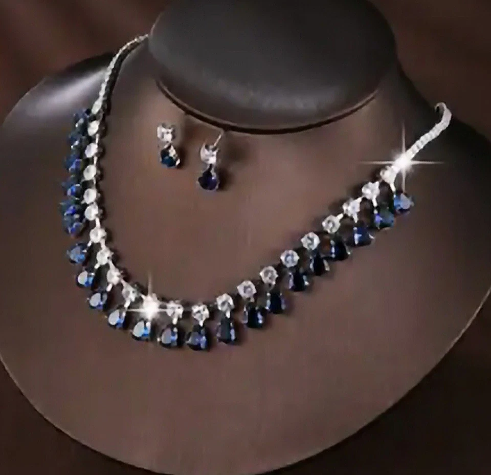 14k White Gold Plated Blue Sapphire Tassel Jewelry Set Lab-Created Swarovski  - Image 1 of 1