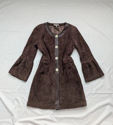 Women's 100% Suede Midi Dress Fit & Flare Espresso Brown Large Bell Sleeves  - Image 1 of 4