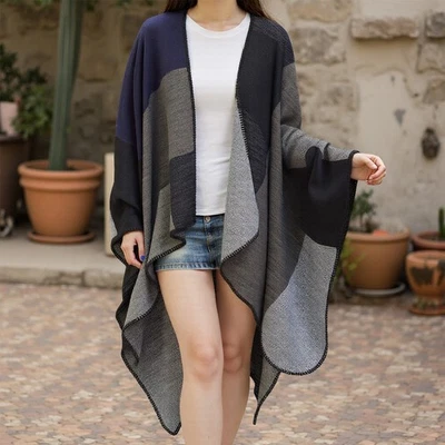 FURNITURE-ONLINE-OFFER Womens Ladies Open Front Poncho Cape Winter Warm Wrap Faux Wool Shawl Colorblock