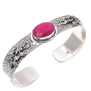 Kashmir Red Ruby Ethnic Gemstone 925 Sterling Silver Cuff Bracelet Adjustable w0 - Picture 1 of 7