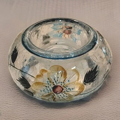 Yankee Candle Crackle Glass Tealight Holder Flower Design Blue Rim - Image 1 of 4