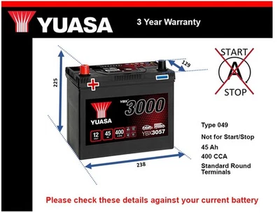 Battery fits TOYOTA RAV4 1.8 2.0 94 to 05 Yuasa 049 400A 45Ah 3Yr Warranty New - Image 1 of 4