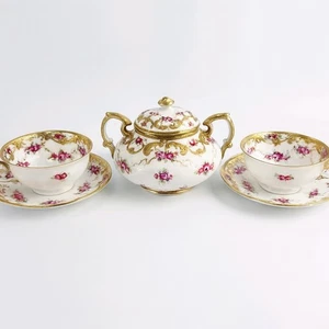 antique Hand Painted Japan Porcelain Tea Set Sugar Bowl Cups Saucers Gold Gilt - Picture 1 of 22